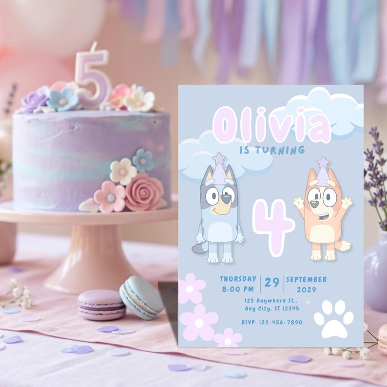 Bluey Bingo pastel pink birthday invitation