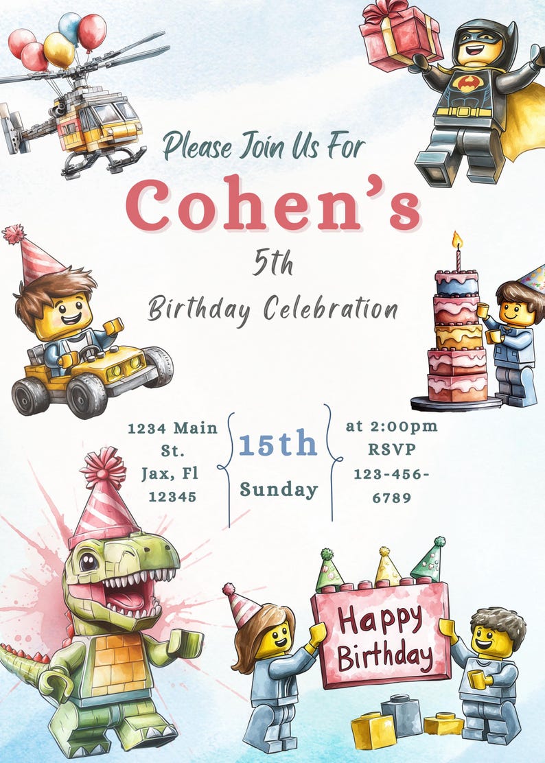 Builder bricks birthday invitation