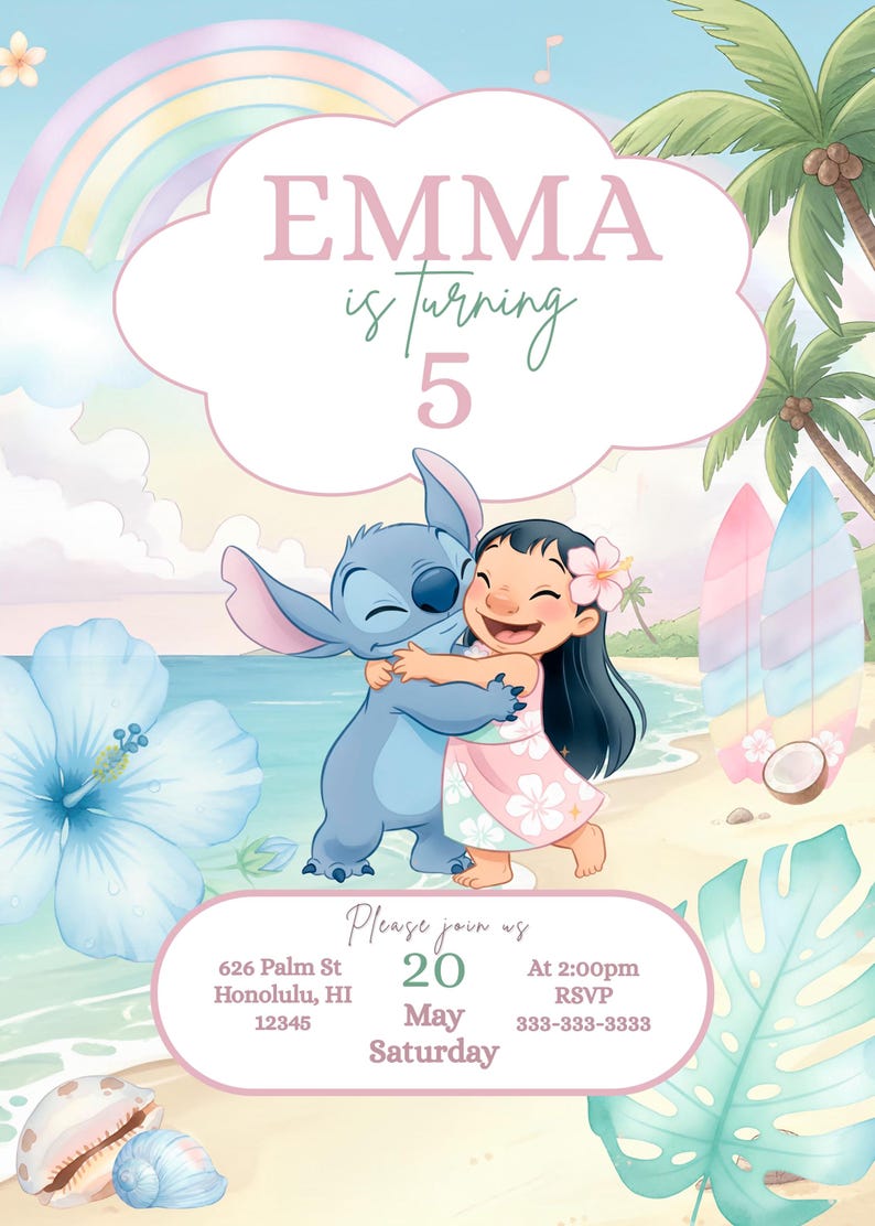 Lilo and Stitch pastel birthday invitation