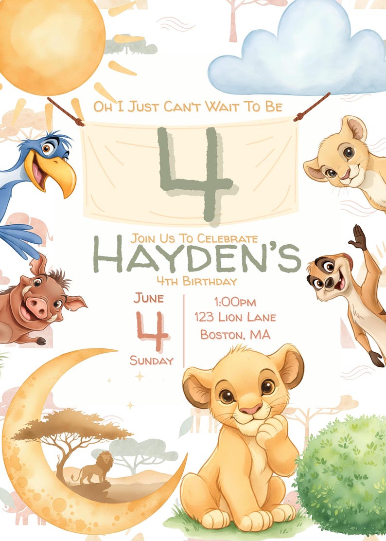 Lion King baby Simba birthday invitation editable Canva template