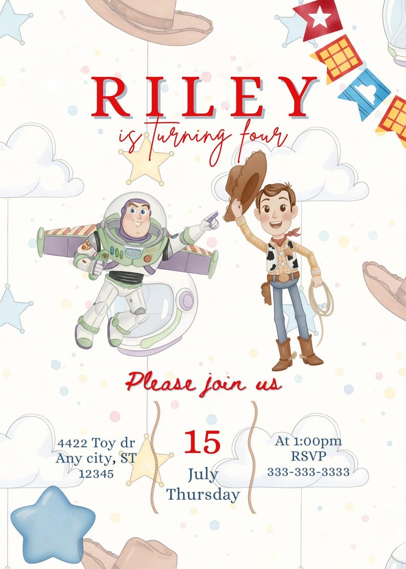 Toy Story Woody and Buzz birthday invitation